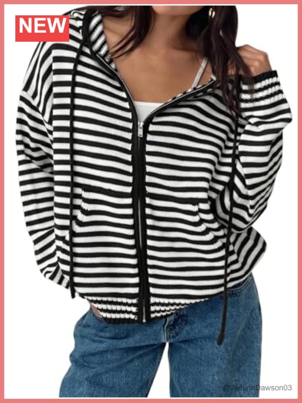 Striped Zip Hoodie Oversized Crop Sweater Cardigan Drawstring Pockets
